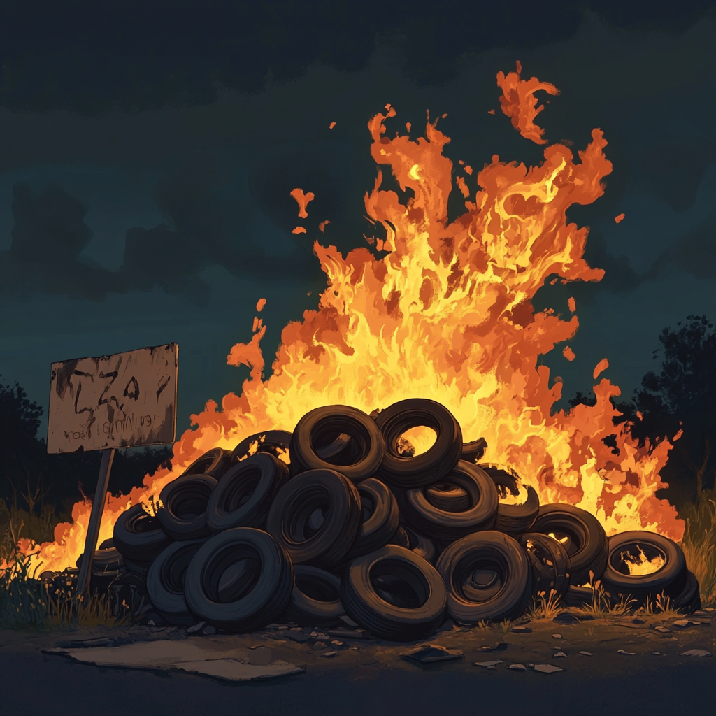 Flaming tires pile near old sign in cartoon