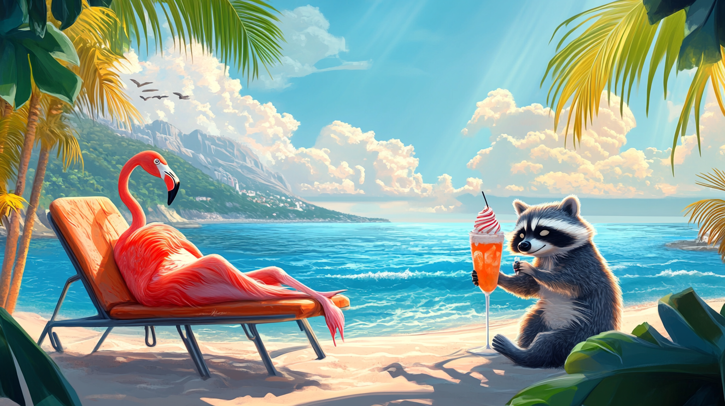 Flamingo lounging with raccoon friend at beach.