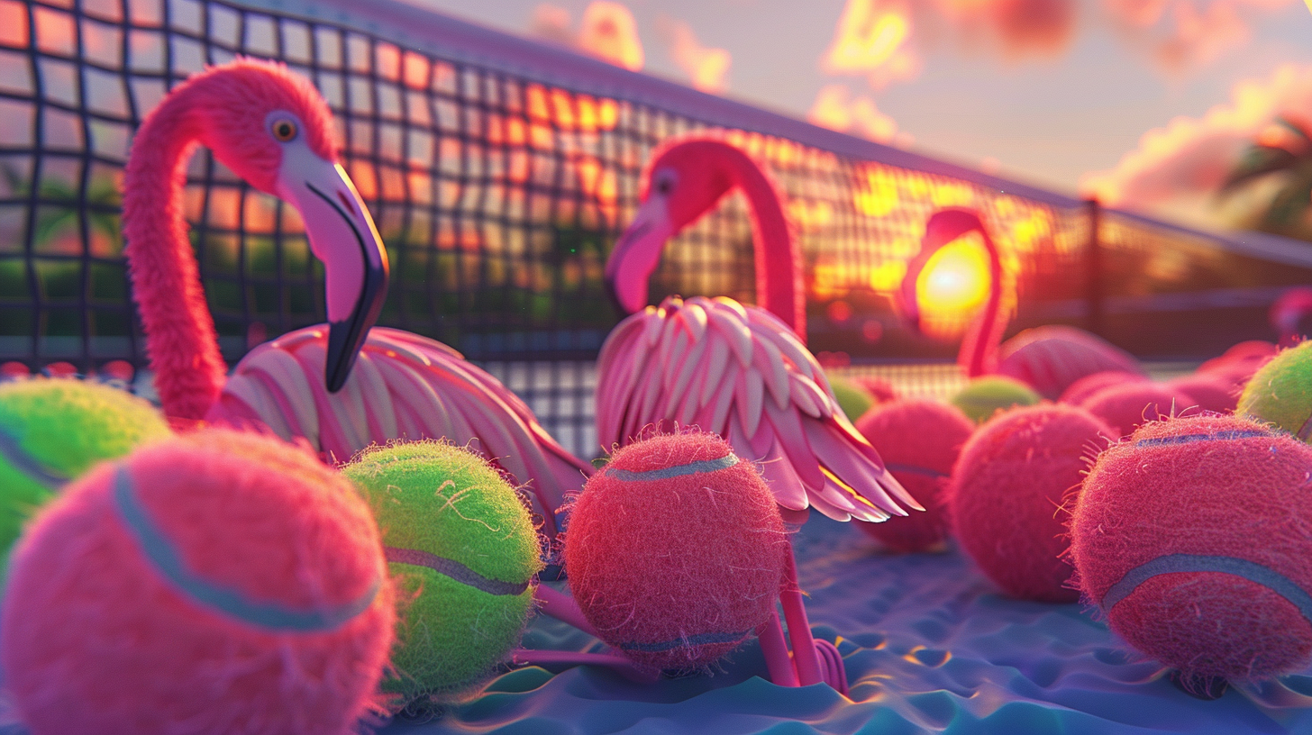 Flamingos on Tennis Court at Sunset