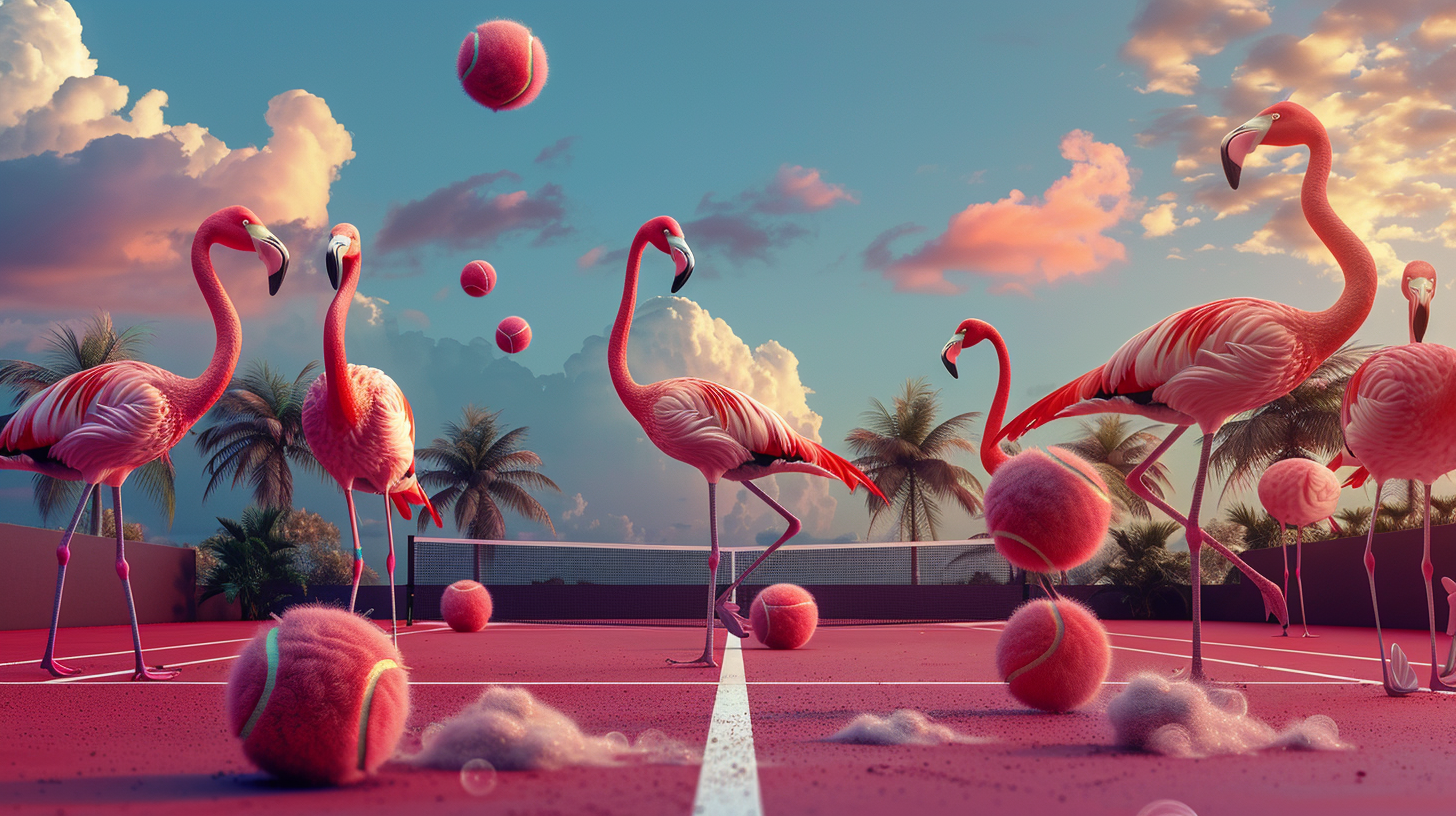 Flamingos on tennis court at Miami sunset