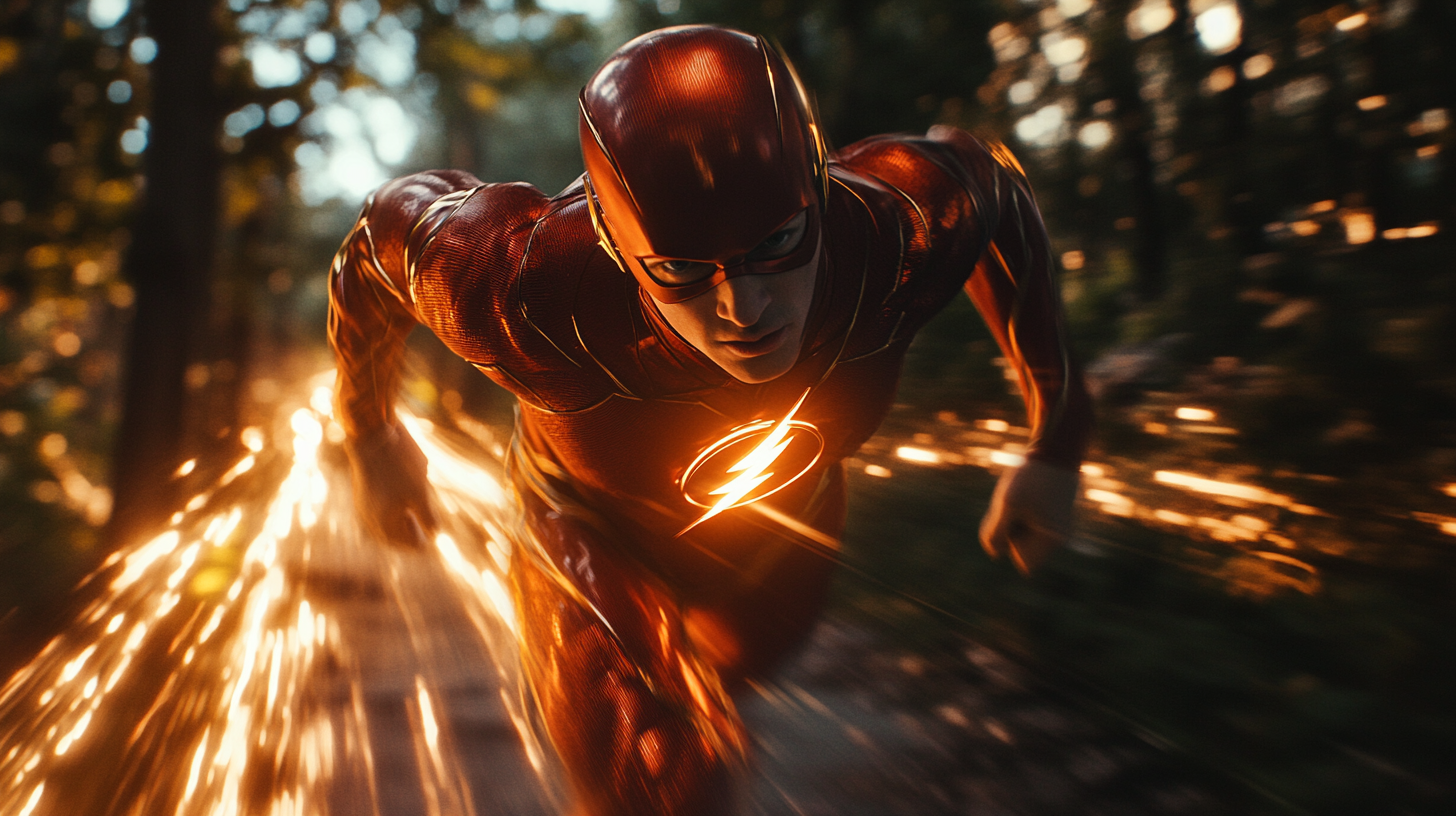 Flash running with speed trail, detailed full body shot.