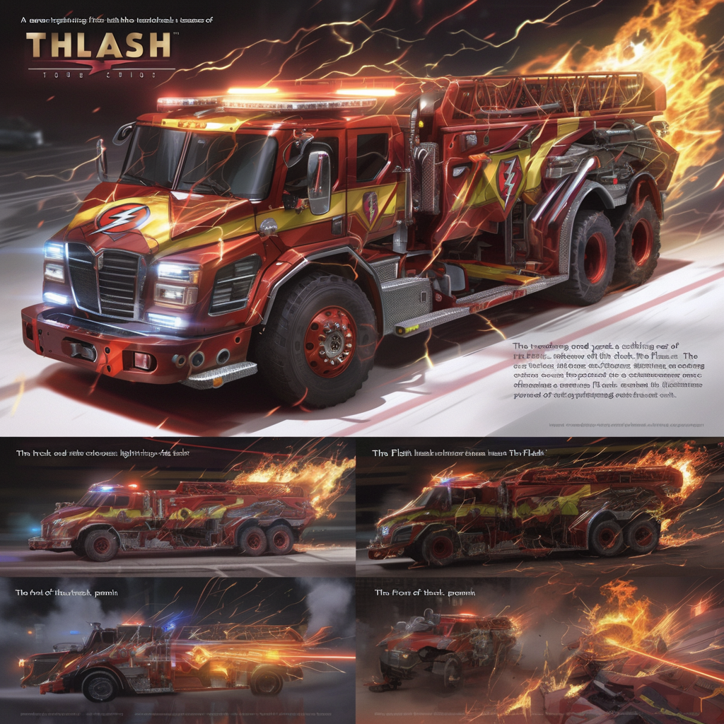 Flash-themed fire truck with lightning design, dynamic urban setting.