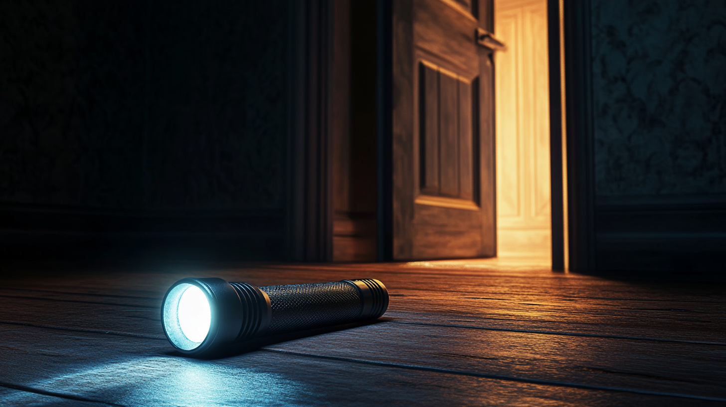 Flashlight illuminating doorway to dark room on wooden floor.