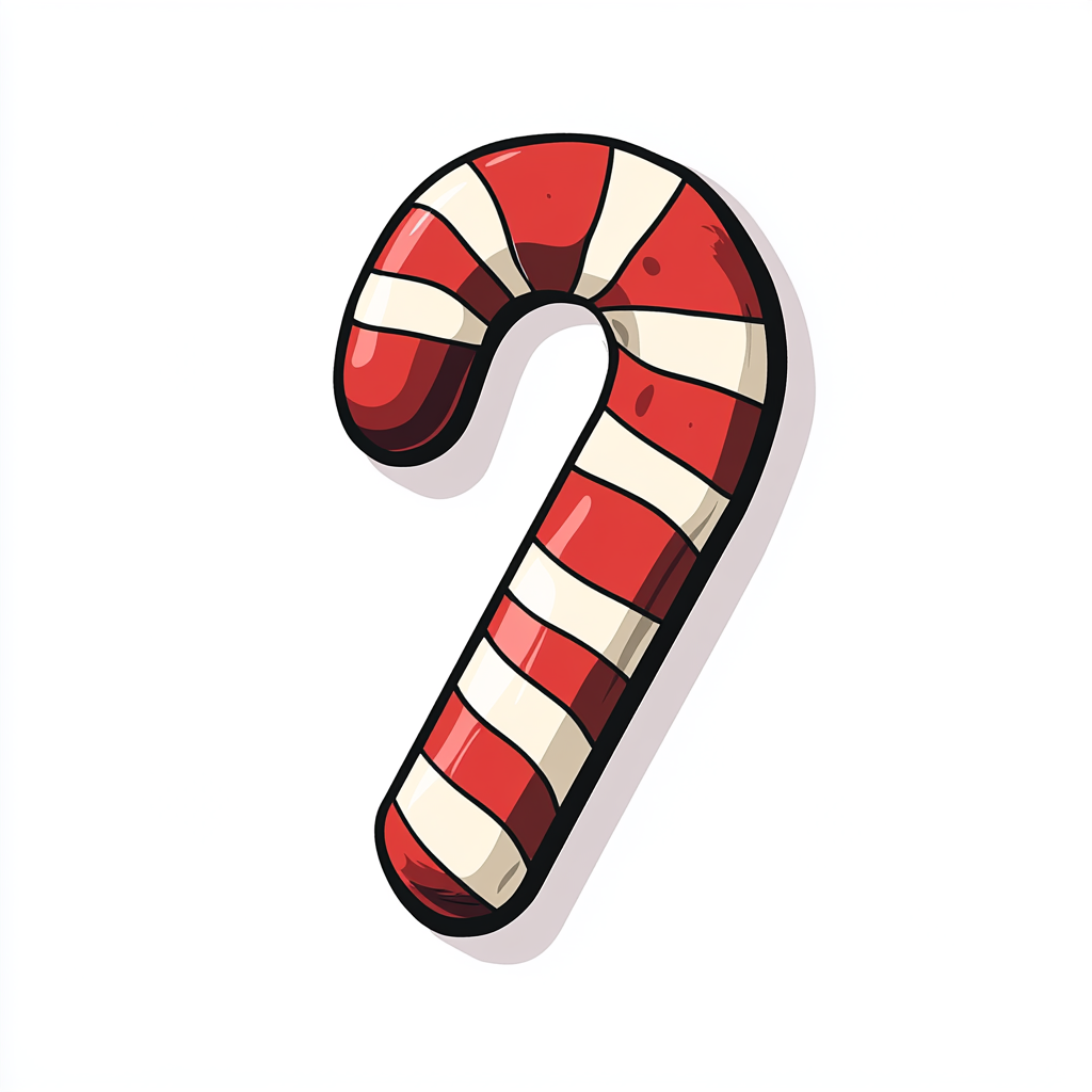 Flat cartoon candy cane with muted colors on white background.