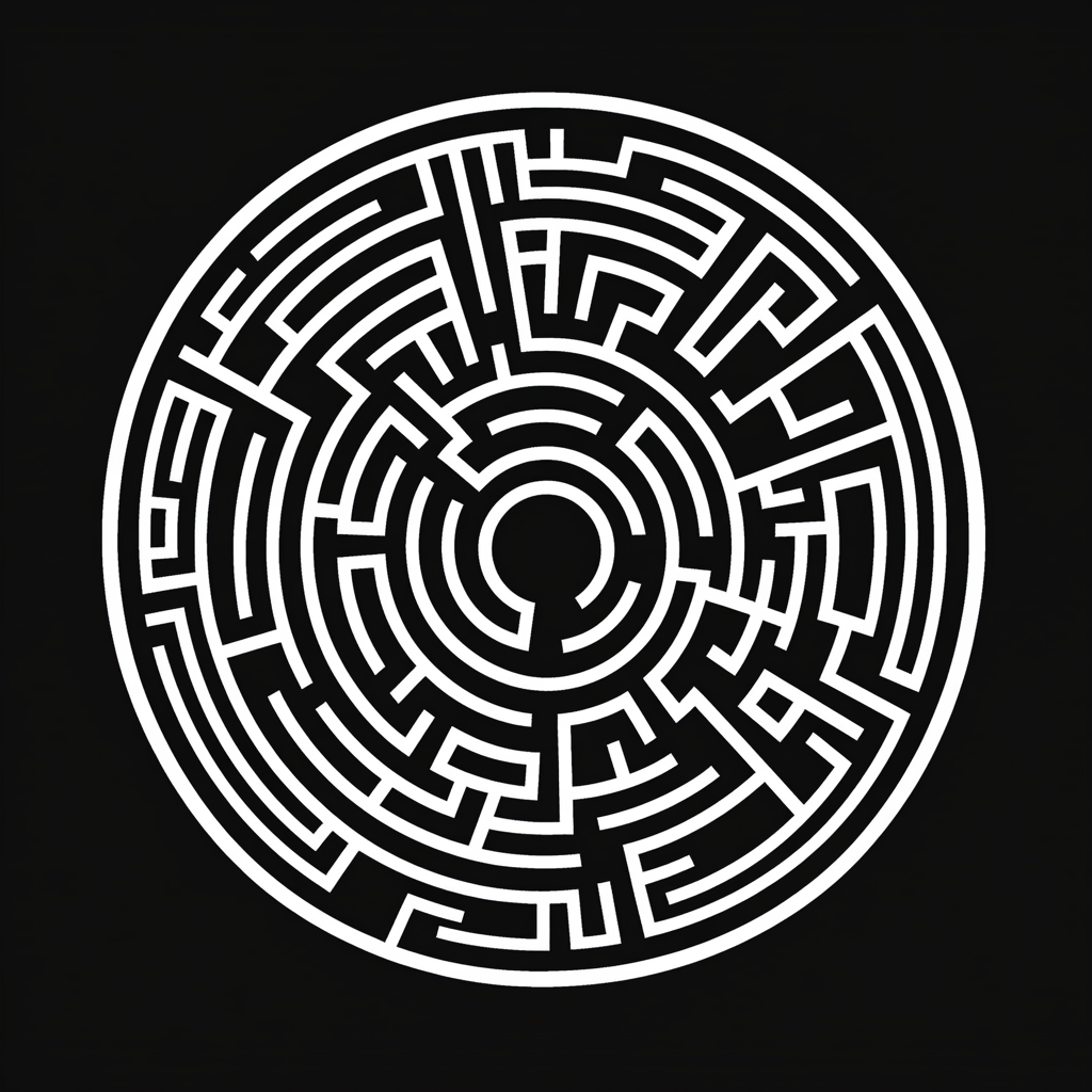 Flat illustration circular maze on black background