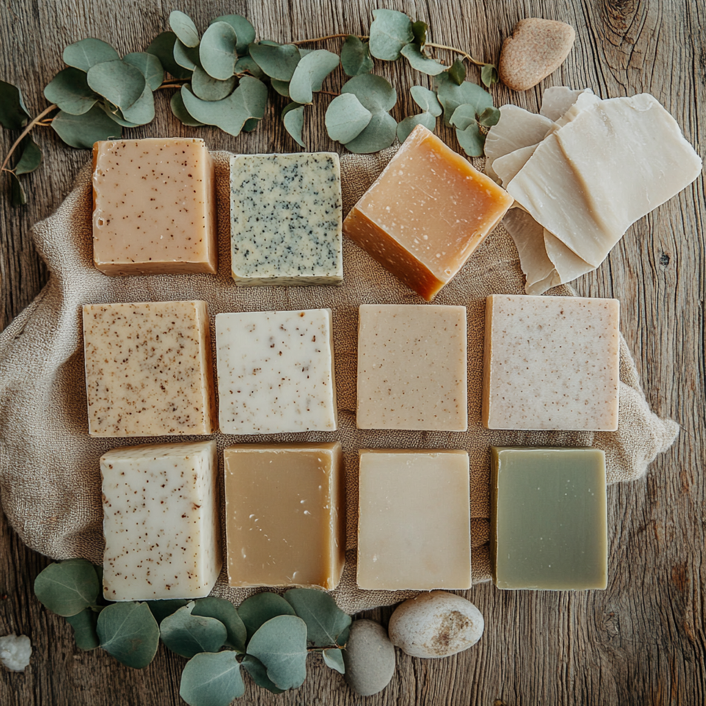 Flat-lay shot of soap bars with natural elements.