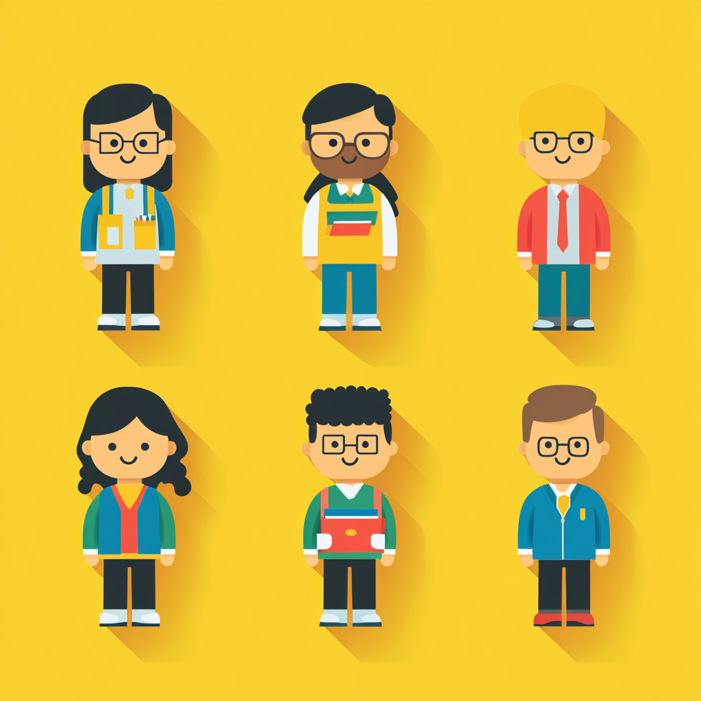 Flat vector characters in simple, diverse educational roles.