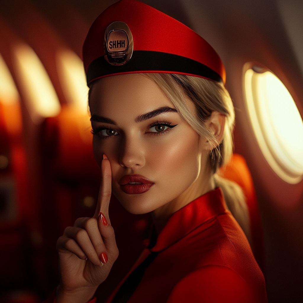 Flight attendant shushing in elegant setting