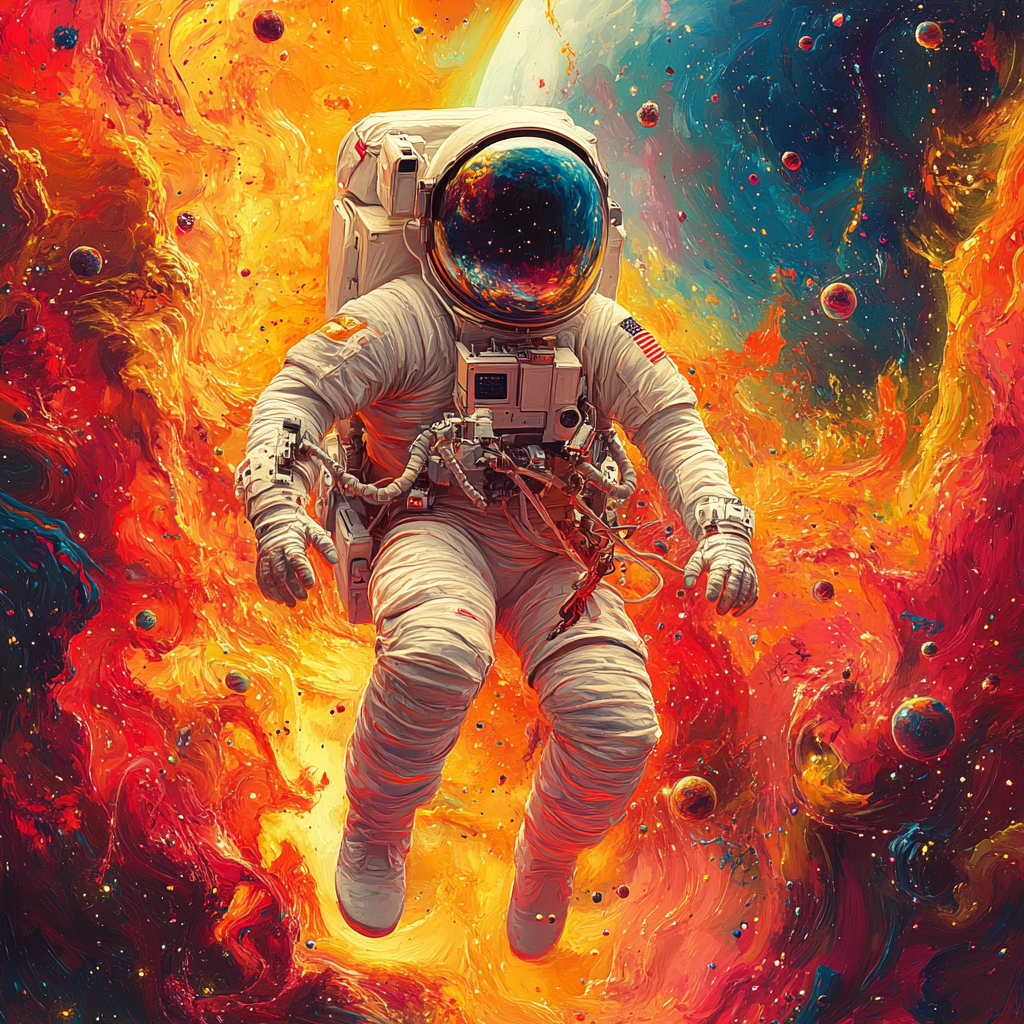 Floating astronaut with vibrant planet in hyper-realistic design