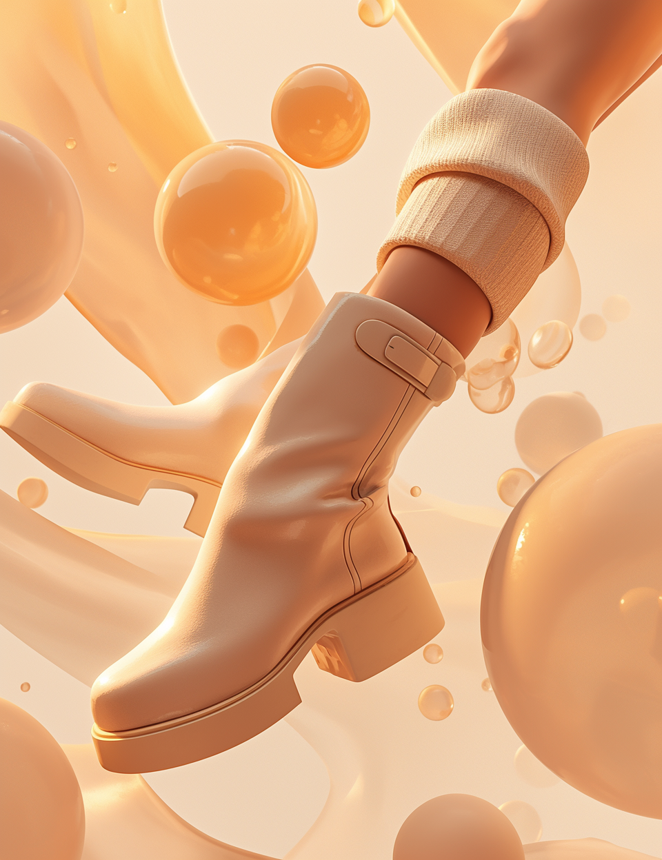 Floating autumn boots surrounded by spheres in soft light