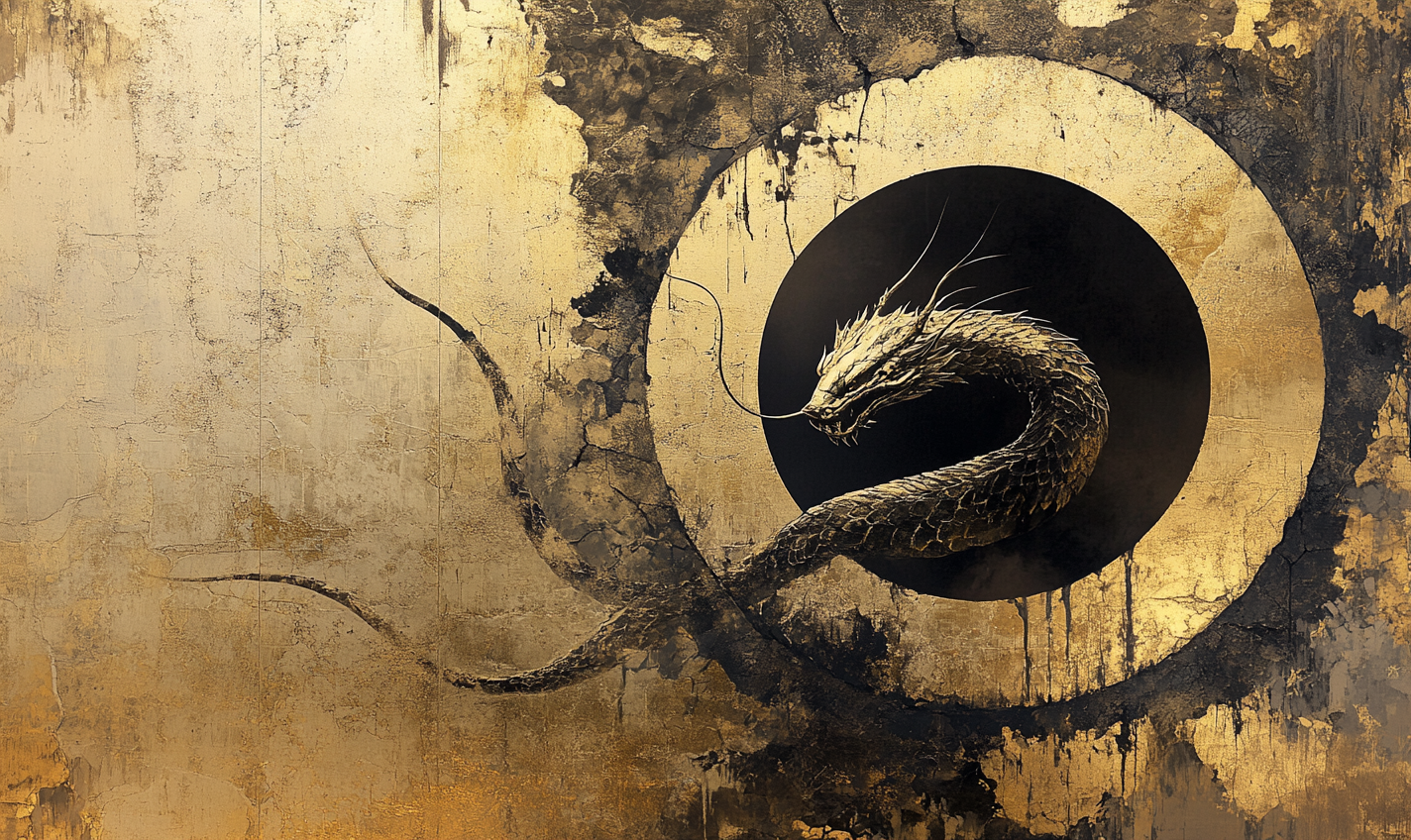 Floating enso circle with serpent head in gold liquid.