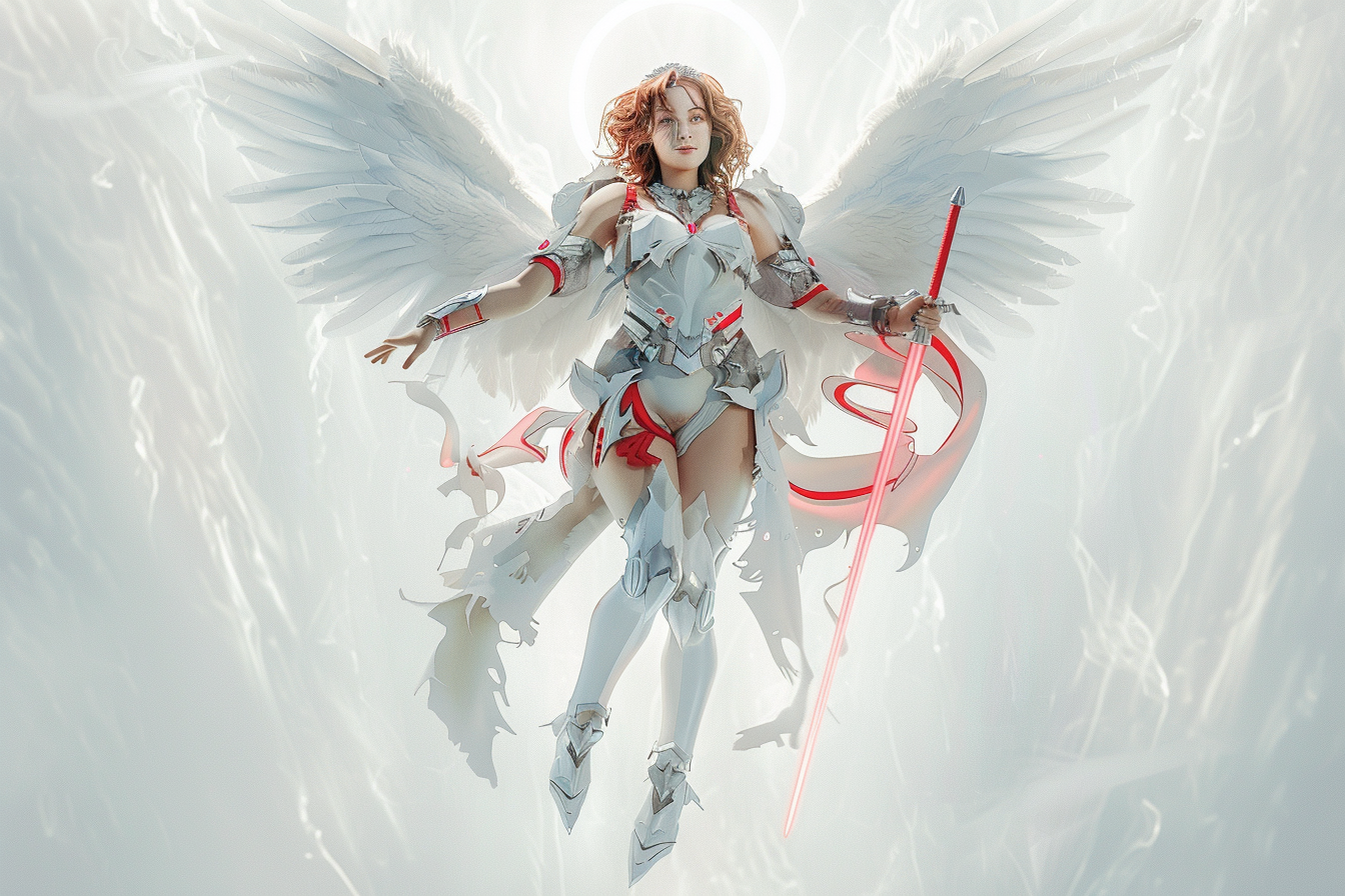 Floating female angel with halo and sword