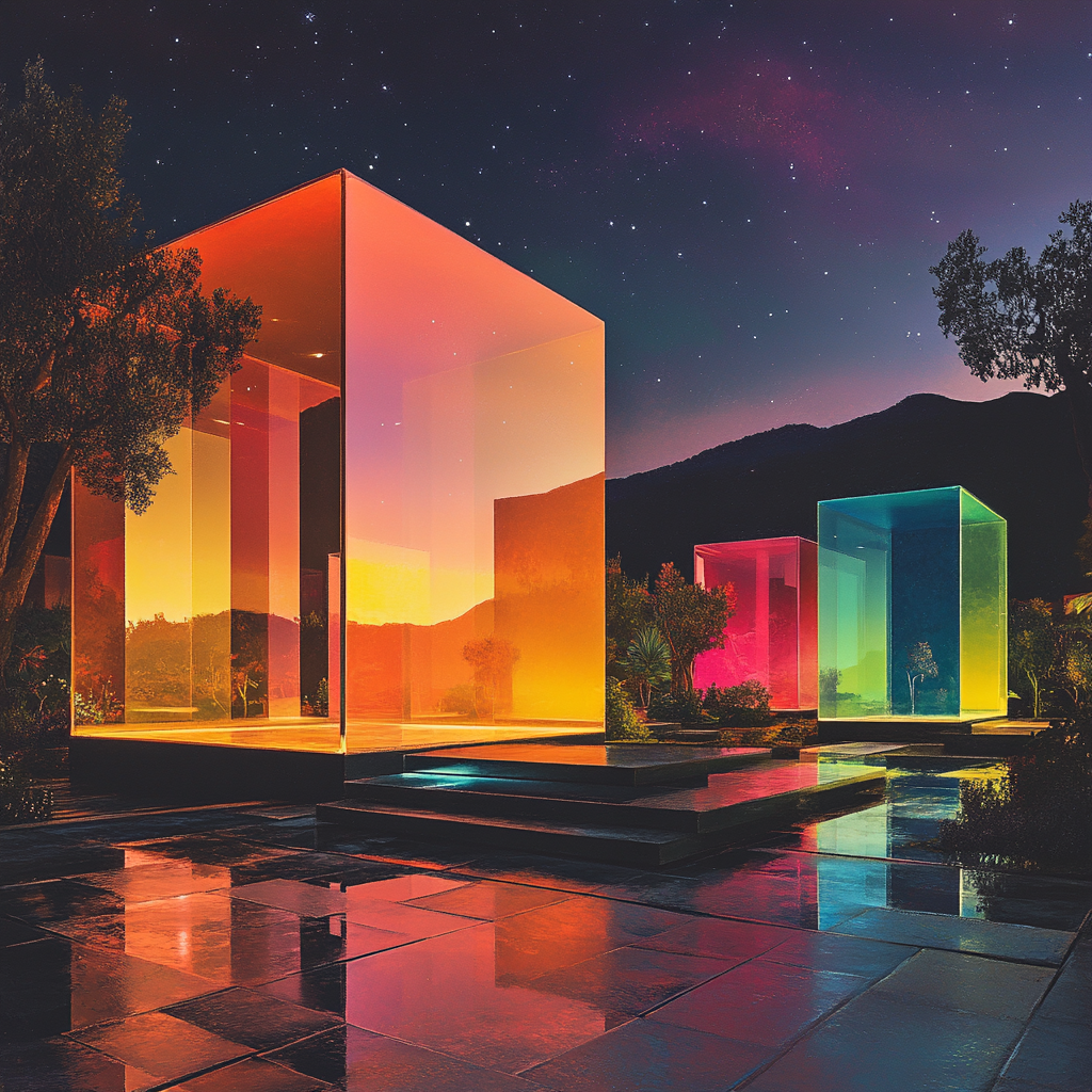 Floating geometric shapes in vibrant hues on landscaped background.