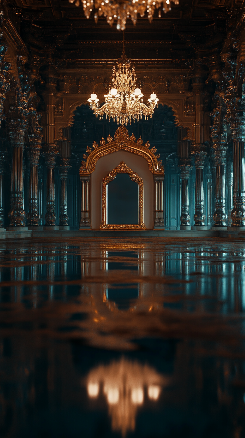 Floating mirror in golden palace at night in movie.