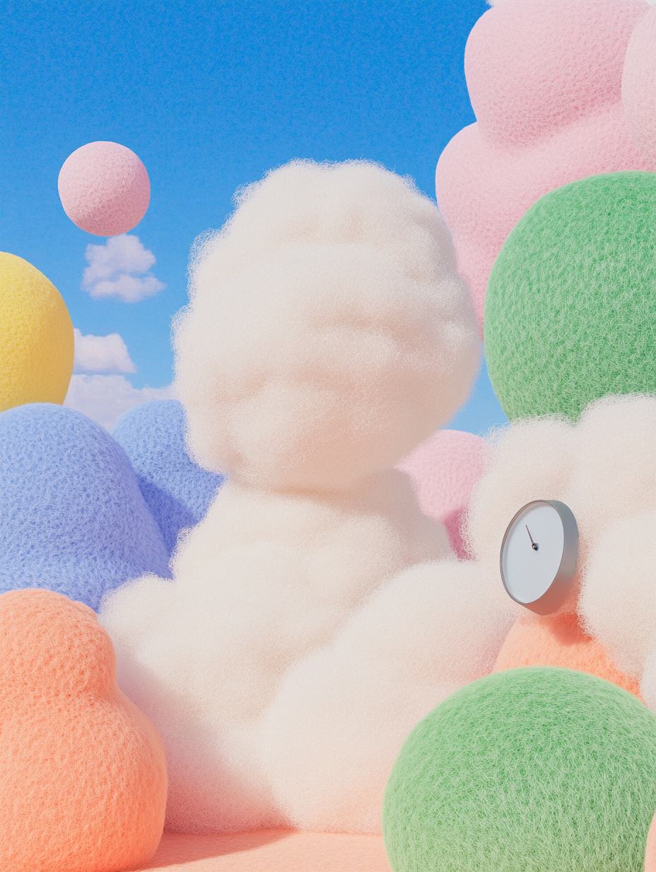 Floating office supplies in dreamlike cotton candy landscape