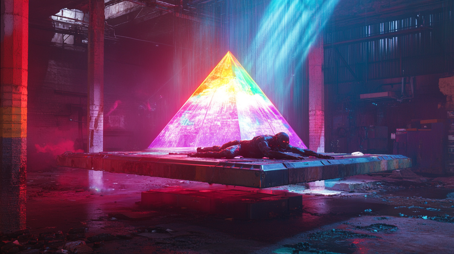 Floating platform with dead cyborg ape and prism