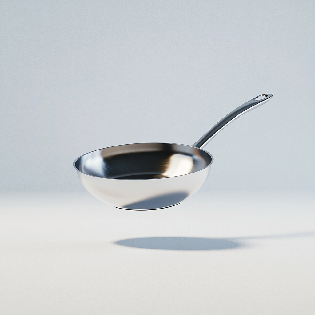 Floating shiny frying pan on white background.