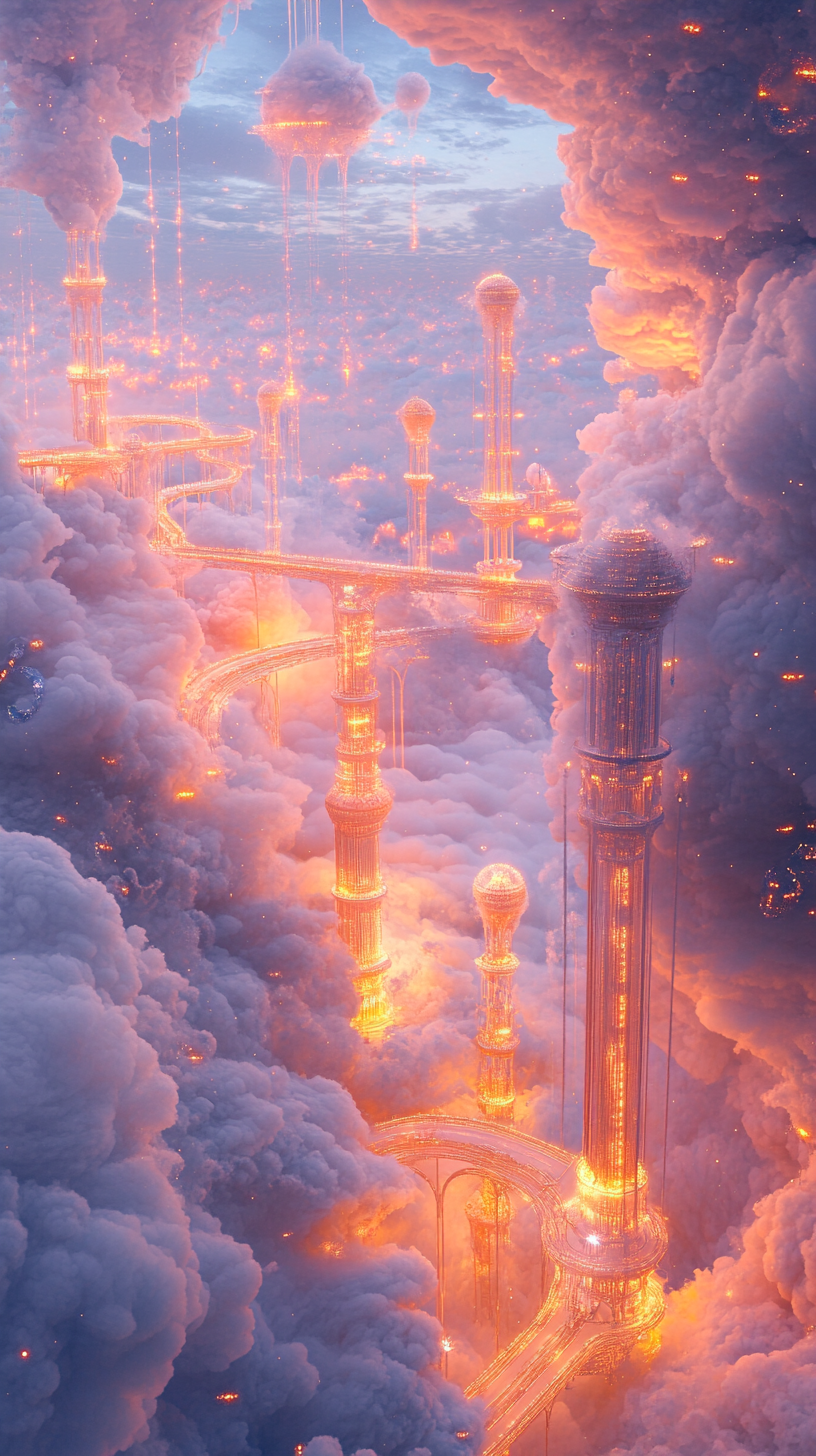 Floating towers in glowing clouds under dreamy light