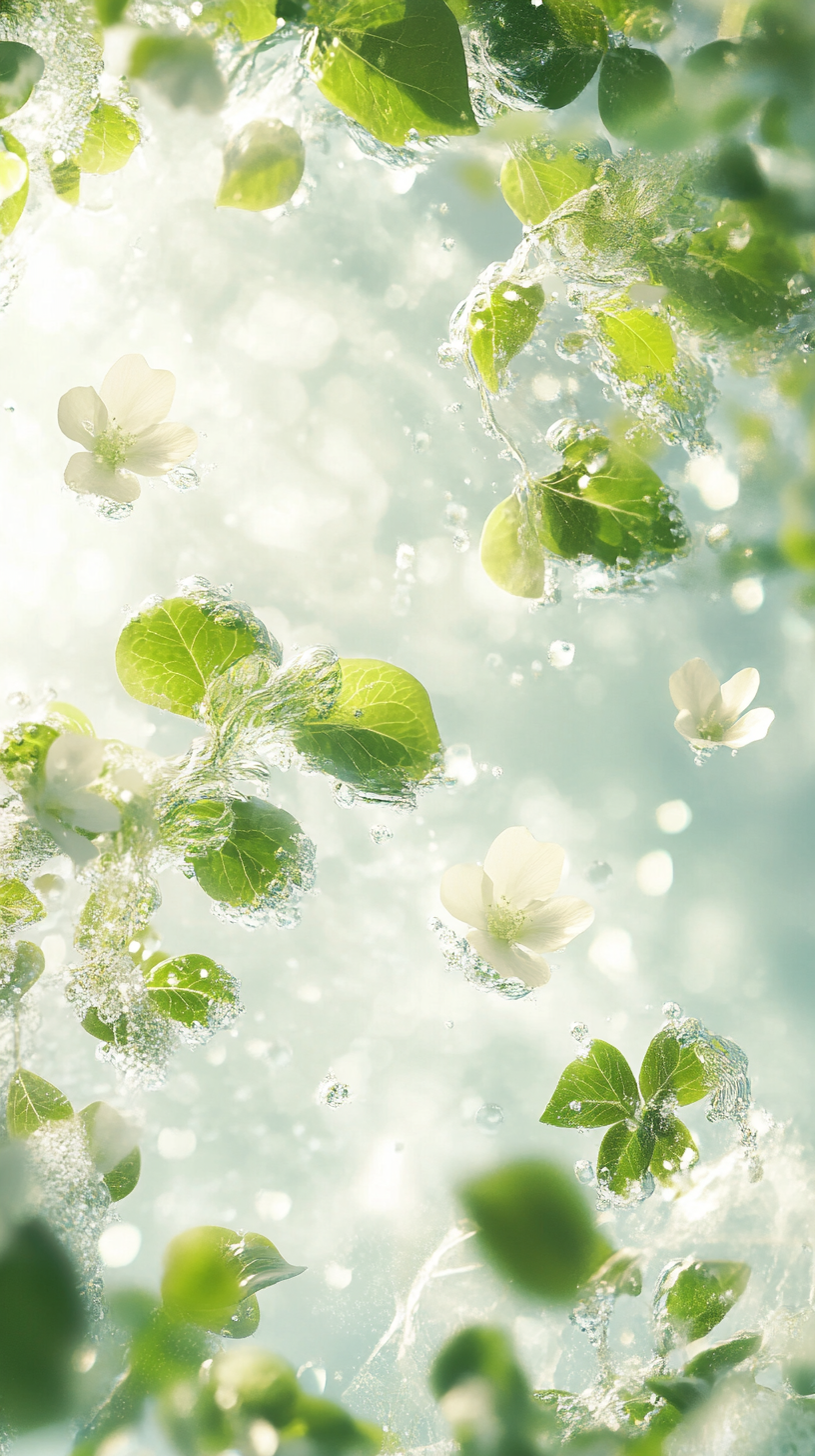 Floating water, foam, green leaves, fresh flowers, sunlight, green tones