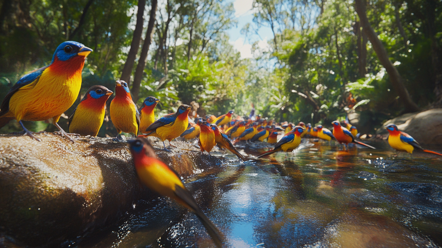 Flock of gouldian finches in Australia near forest stream