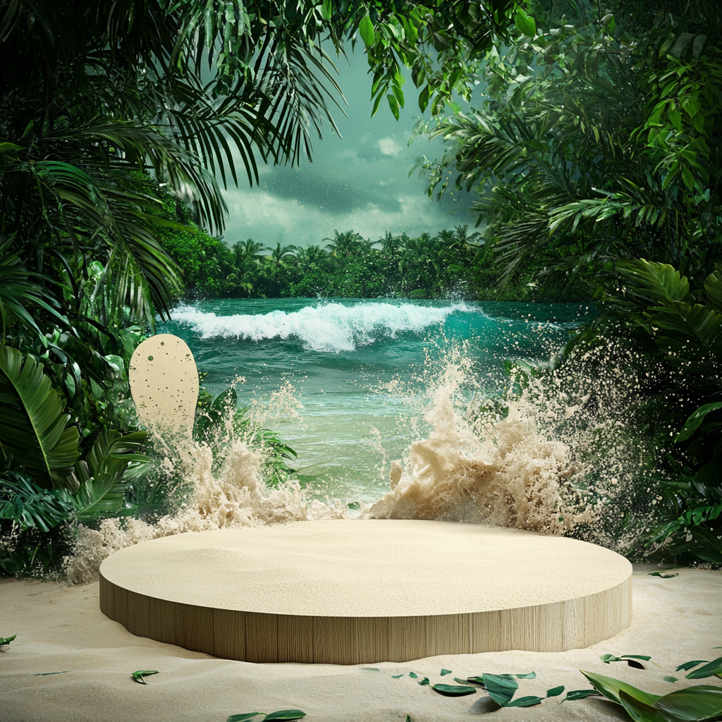 Floor podium with sand table top in rainforest setting.