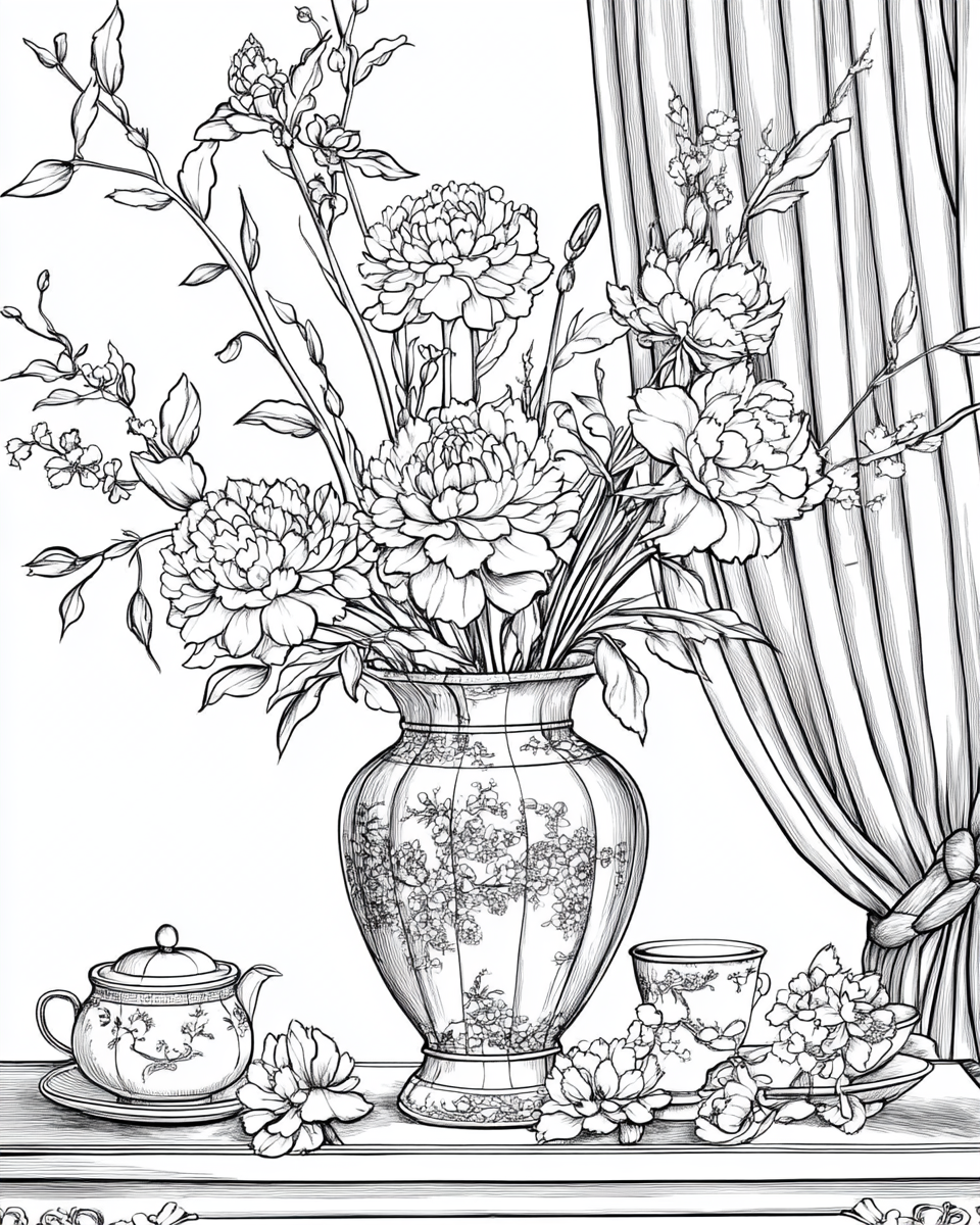 Floral Vase with Doll on Buffet Table Illustration