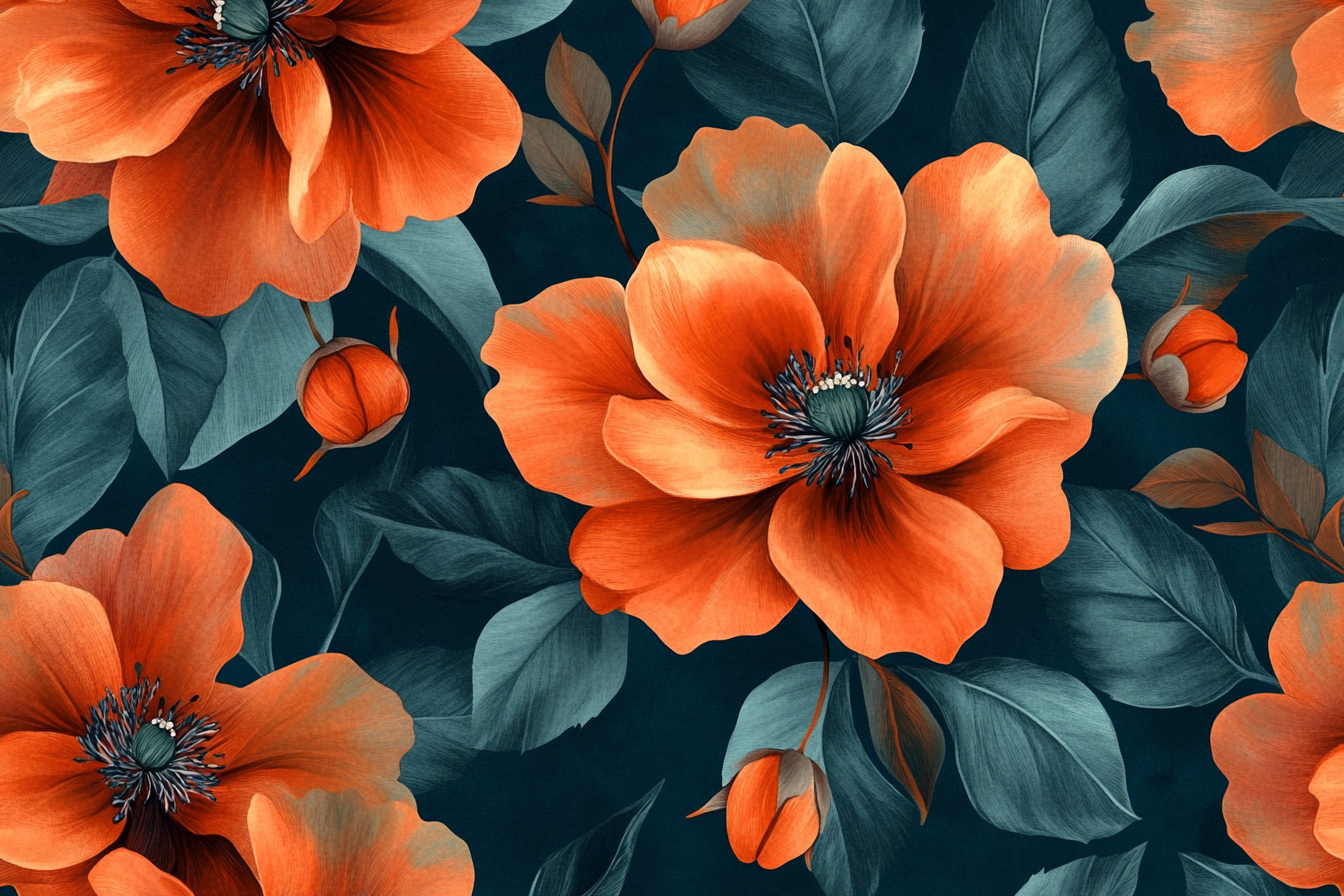 Floral pattern with large orange flowers on blue background.