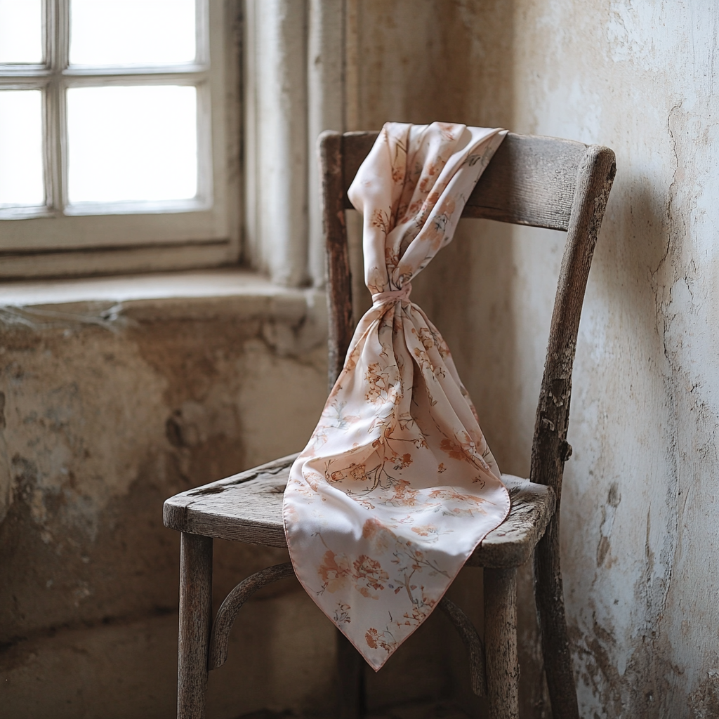 Floral silk scarf hanging over wooden chair