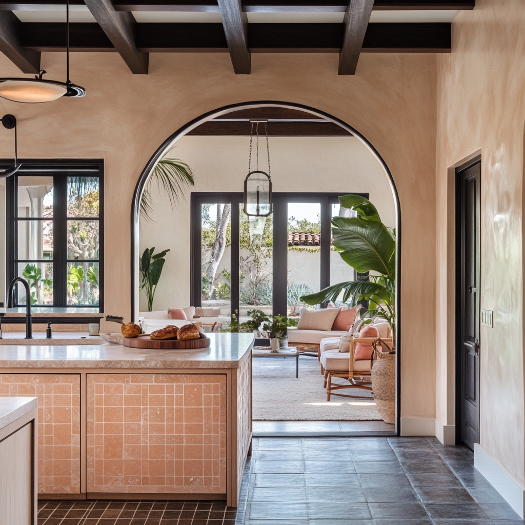 Floridian Bungalow Kitchen with Arch to Living Room