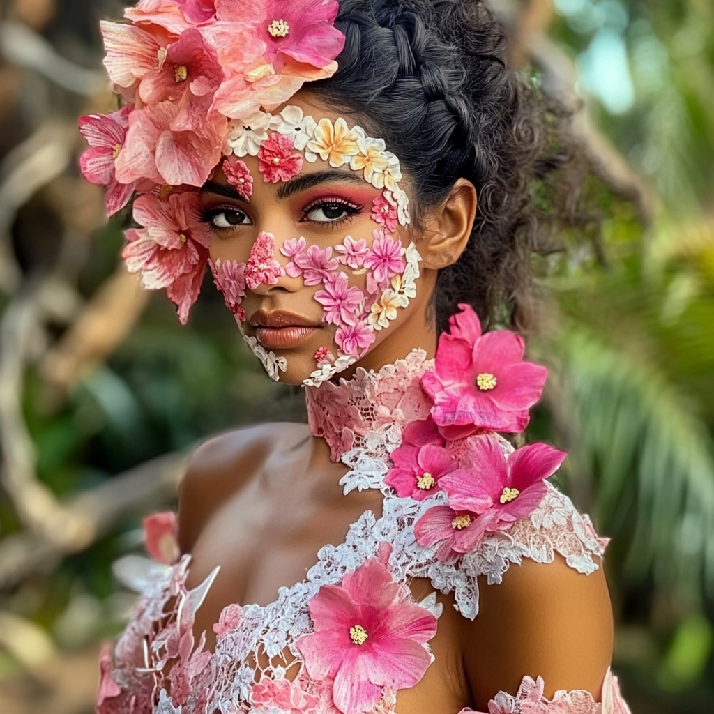 Flower crown on Hawaiian woman in pink dress