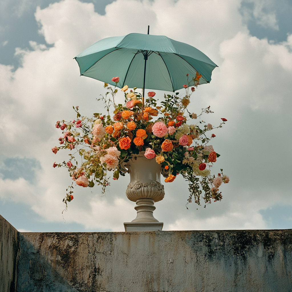 Flowers in vase and teal umbrella floating in sky.