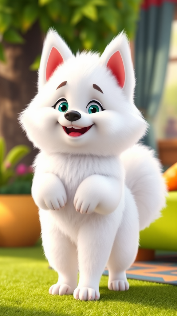 Fluffy American Eskimo Dog in Pixar Style Joyful