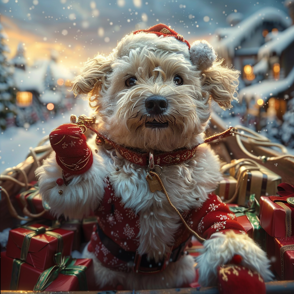 Fluffy Santa Dog Flying Through Winter Village Sky