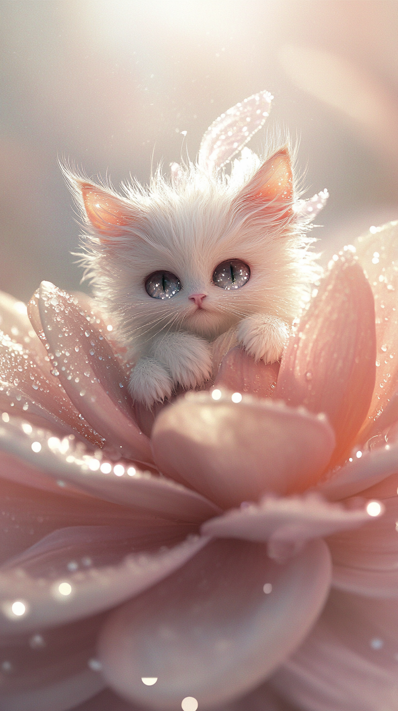 Fluffy fairy cat in pink flower glow