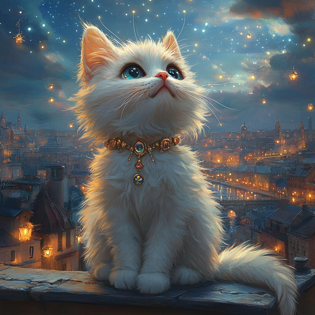 Fluffy white cat on rooftop under starry sky, city view, 3D cartoon style