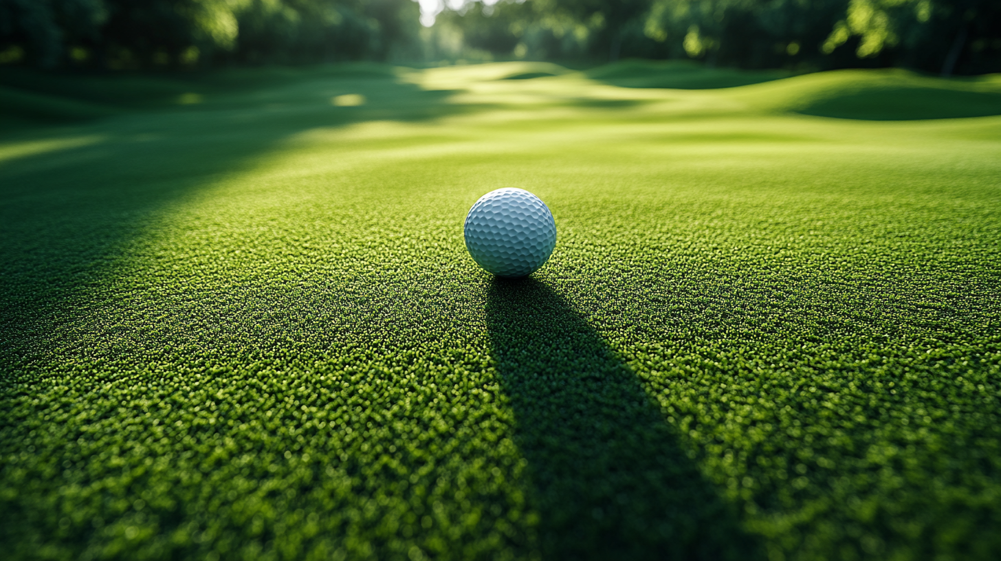 Flying golf ball over visible blurred golf course view.