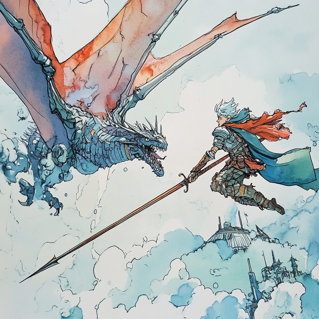 Flying sky knight battles dragon and airship.