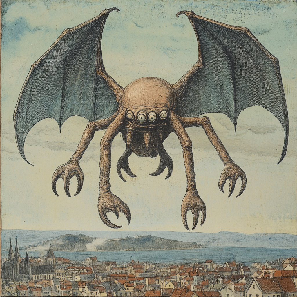 Flying winged monster with crab feet in 1920s.