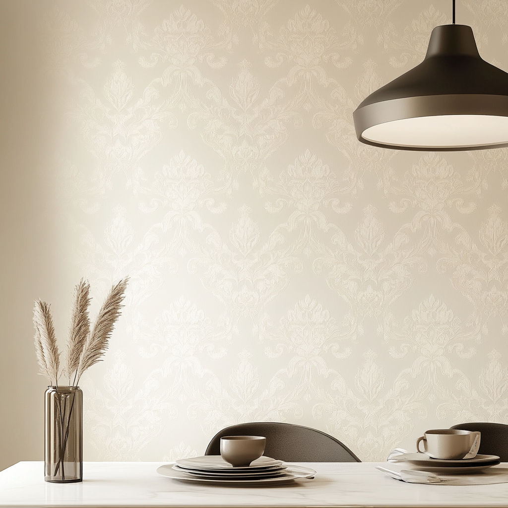 Focus on clean wallpaper pattern in dining room.