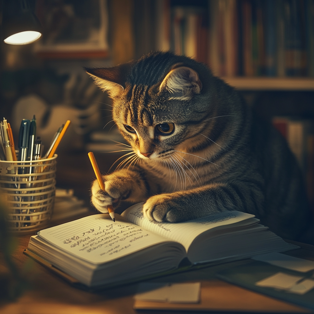 Focused Cat Taking Notes at Desk 