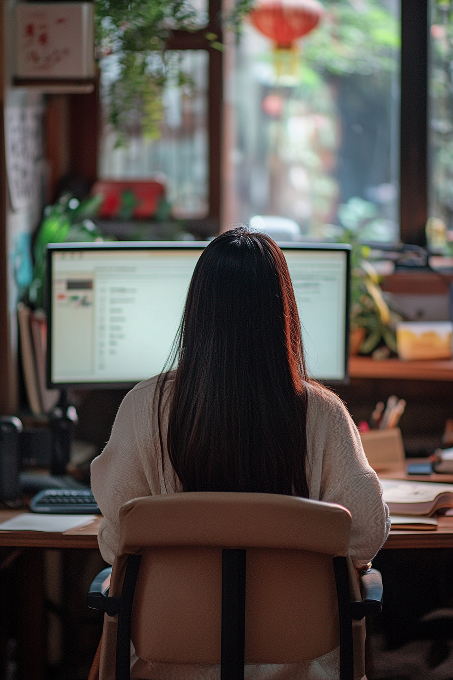 Focused Chinese teacher working at desk. Sharp professional image.