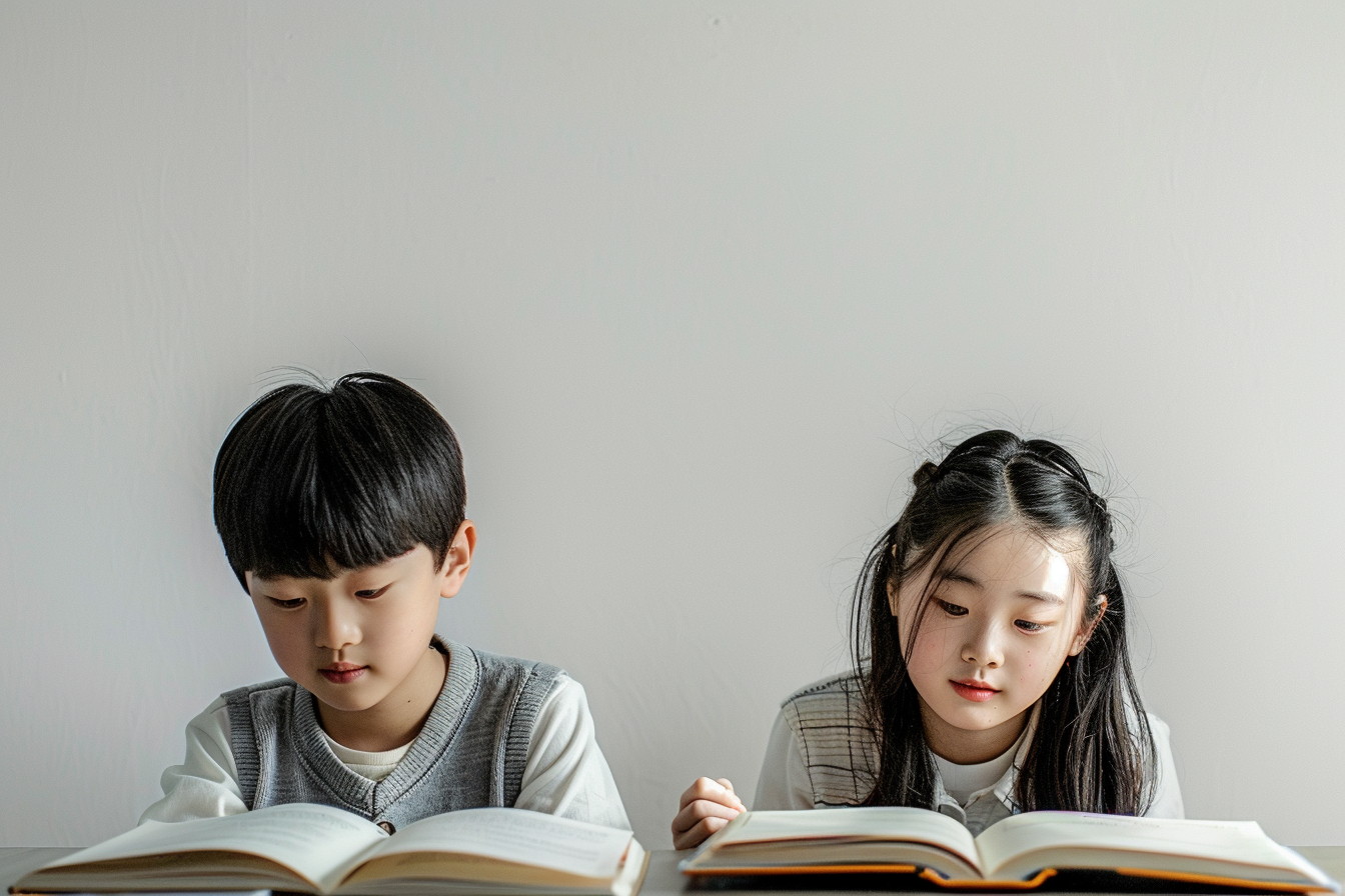 Focused Korean Middle School Students Studying English Together