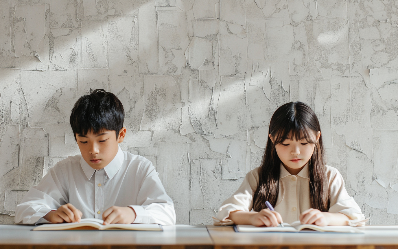 Focused Korean students studying English in serene setting