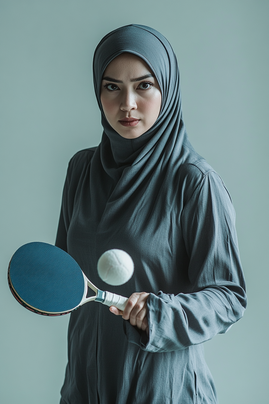 Focused Malay Muslim woman with table tennis bat, serious expression.