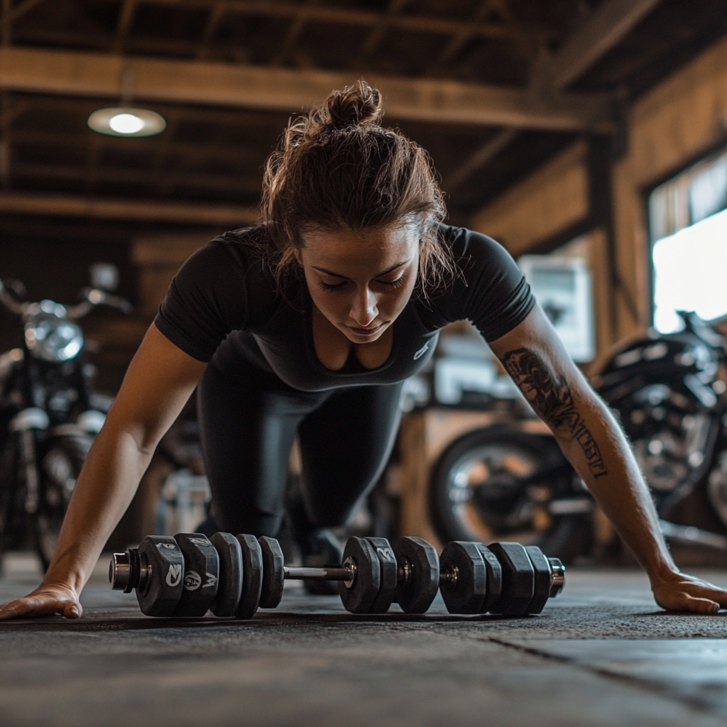 Focused gym workout emphasizing strength exercises next to motorcycle.