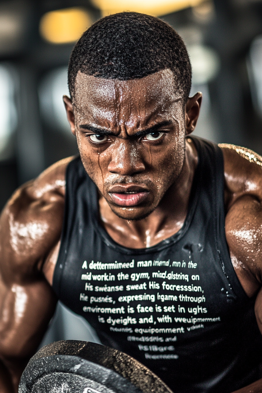 Focused man in gym, sweat on forehead, intense workout.