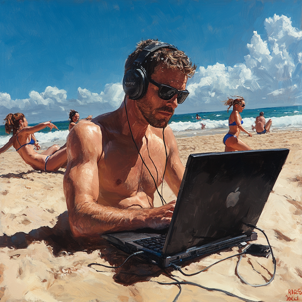 Focused man working at beach as women play nearby.