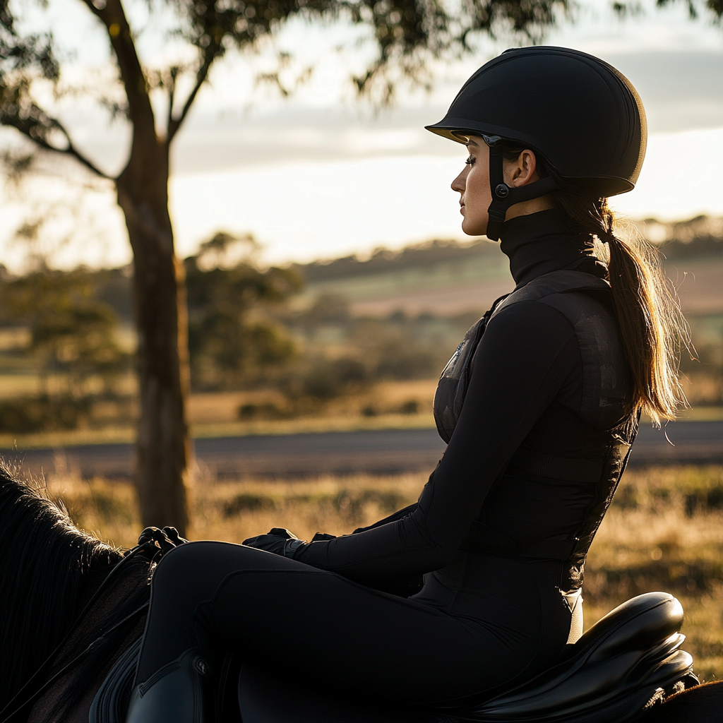 Focused rider practices deep breathing in peaceful nature setting.