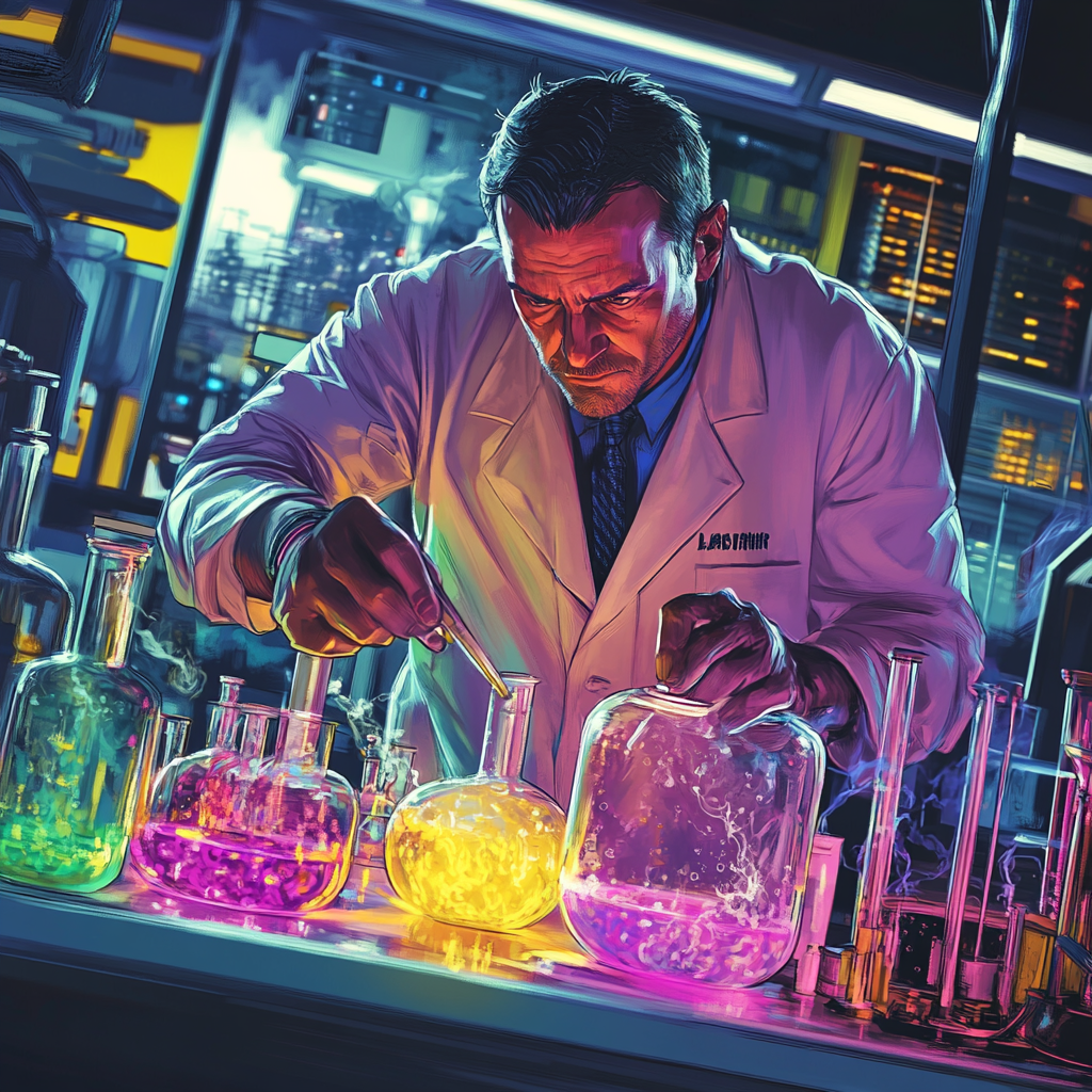 Focused scientist studies colorful reactions in futuristic lab with mutants.