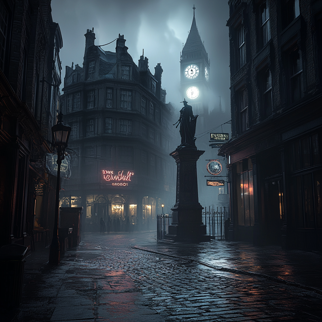 Foggy London street with Victorian buildings and occult symbols.